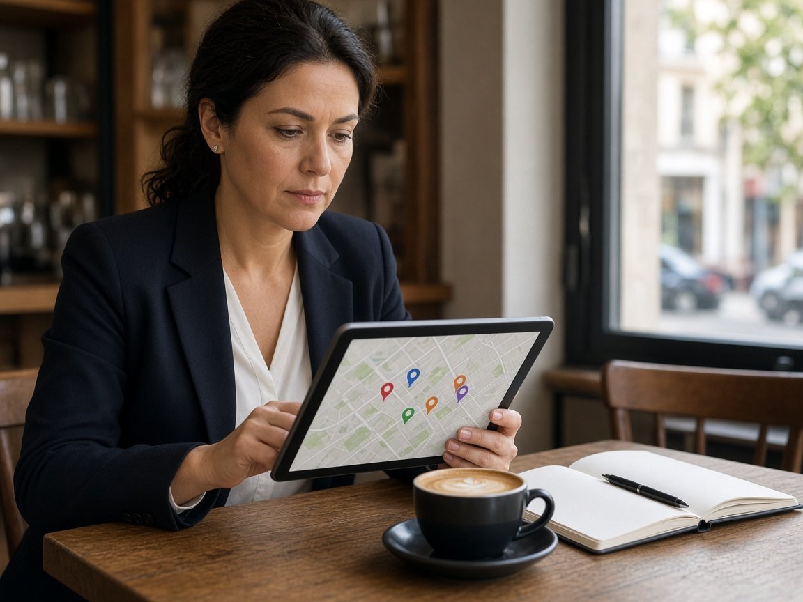 Franchise manager at a cafe reviewing a map on a tablet