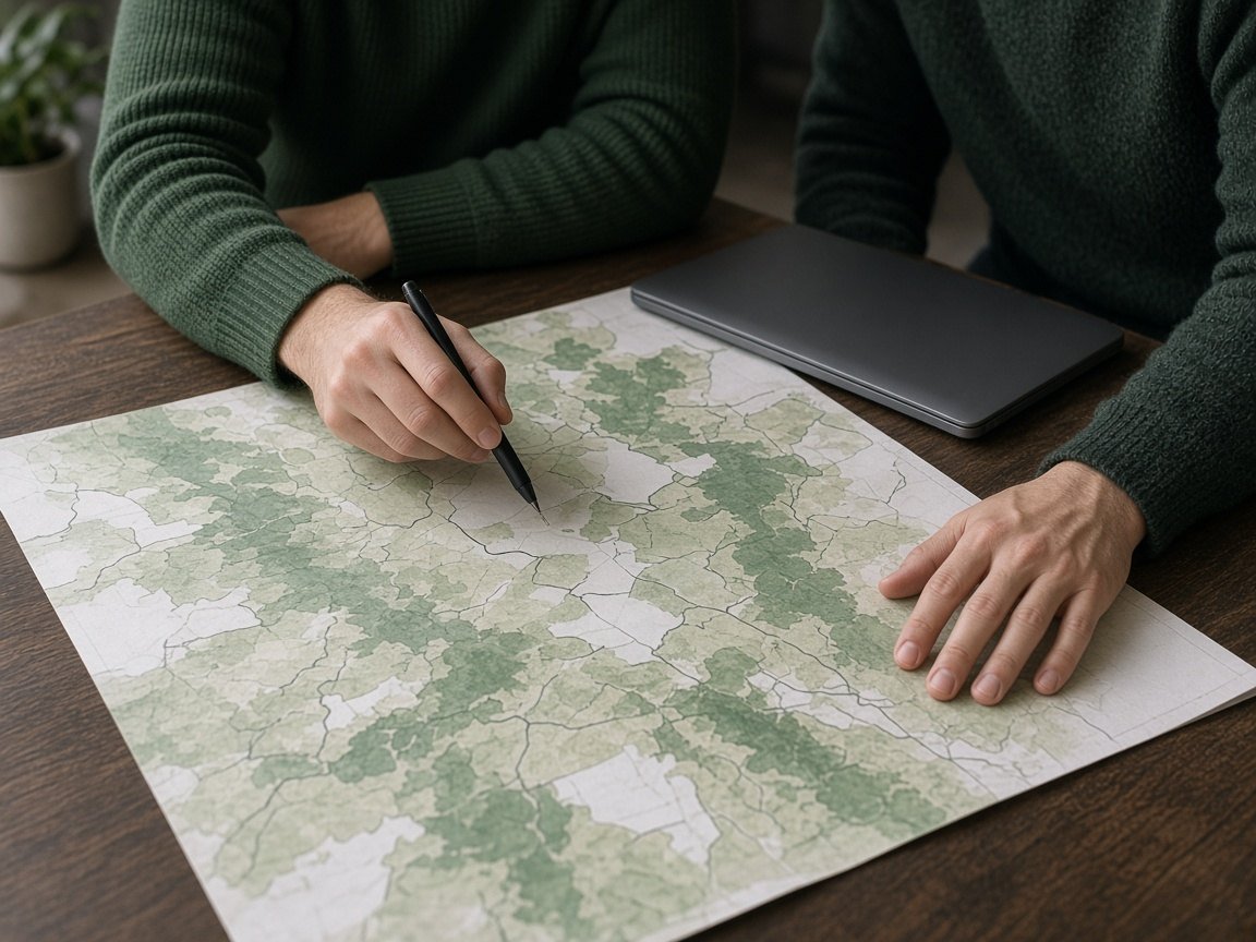 Two people planning multi-location marketing with printed maps