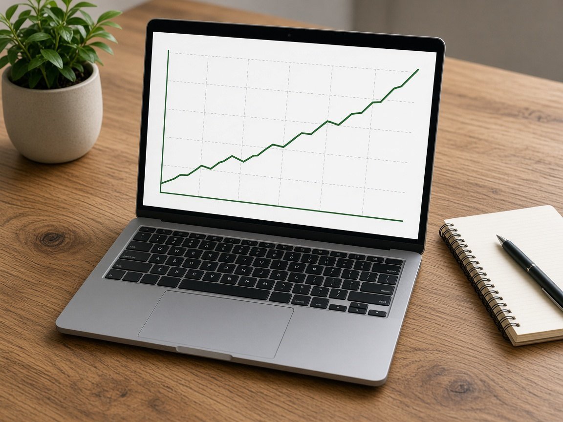 Laptop on a desk showing a simple green line chart