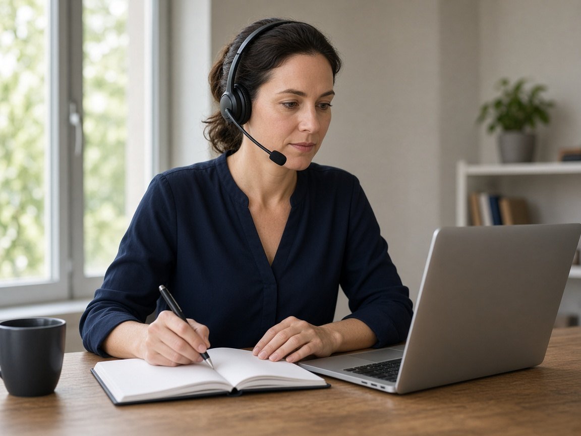 Specialist on a headset writing notes beside a laptop