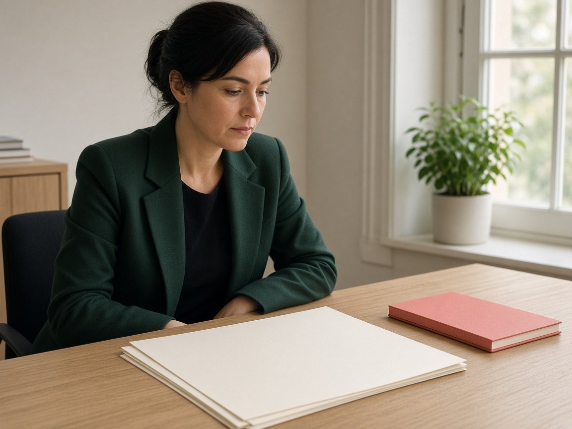 Person reviewing blank pages beside a closed notebook