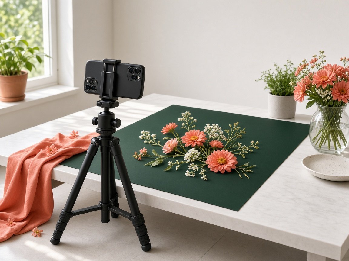 Phone on a tripod photographing a styled floral flat lay