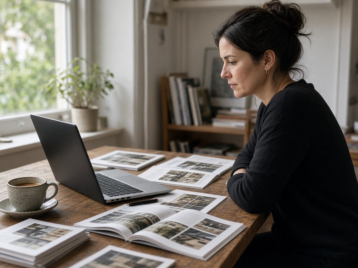 Editor reviewing magazines and a laptop at a wooden desk