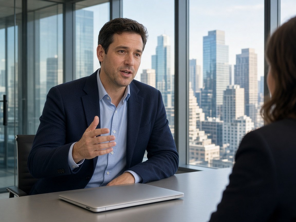 Two colleagues in a meeting with a city skyline behind them