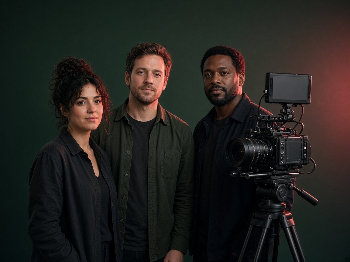 Three filmmakers standing beside a cinema camera