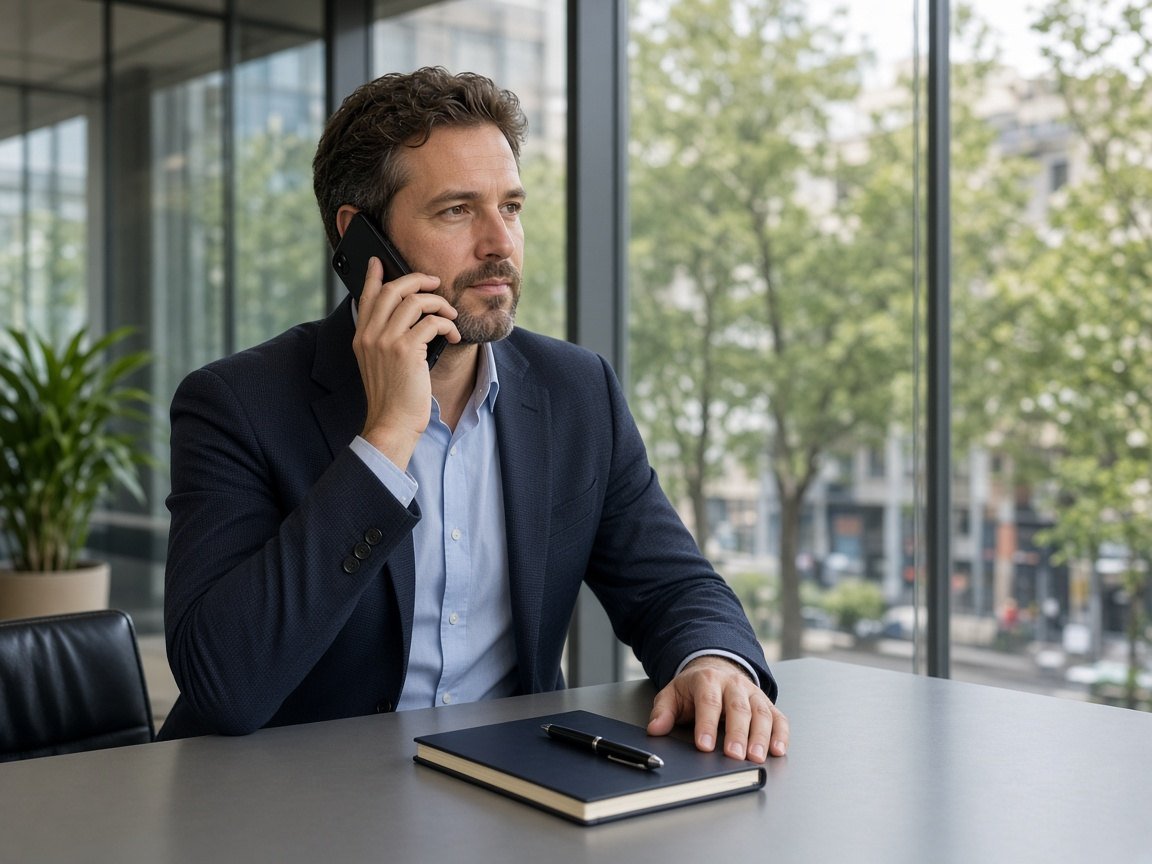 Professional on a phone call in a glass meeting room