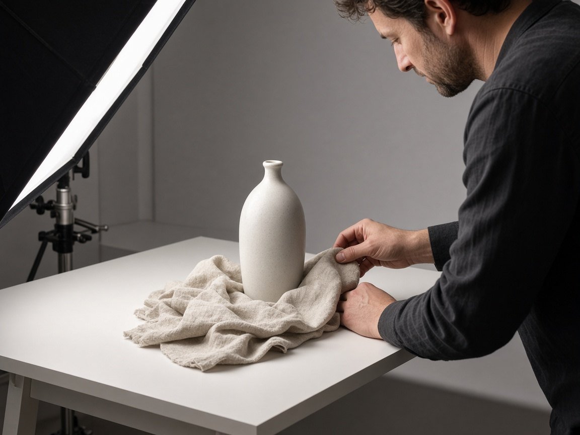 Product photographer styling a ceramic bottle on a white table
