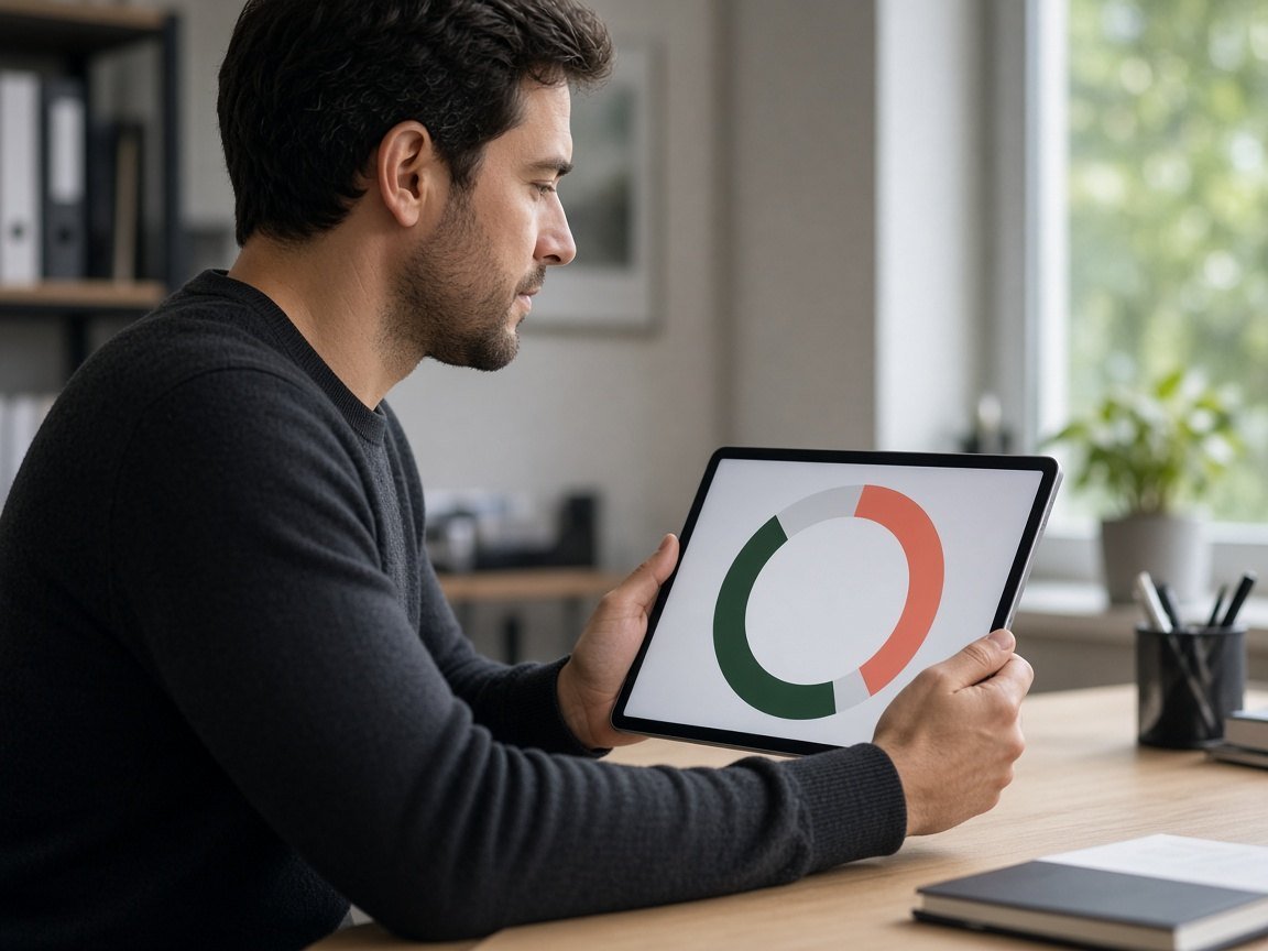Analyst reviewing a tablet with a simple score ring