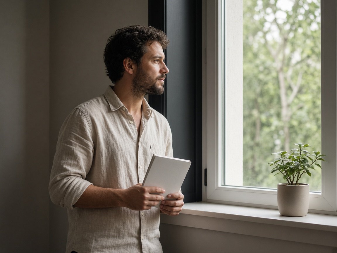 Writer standing by a window with a blank notebook
