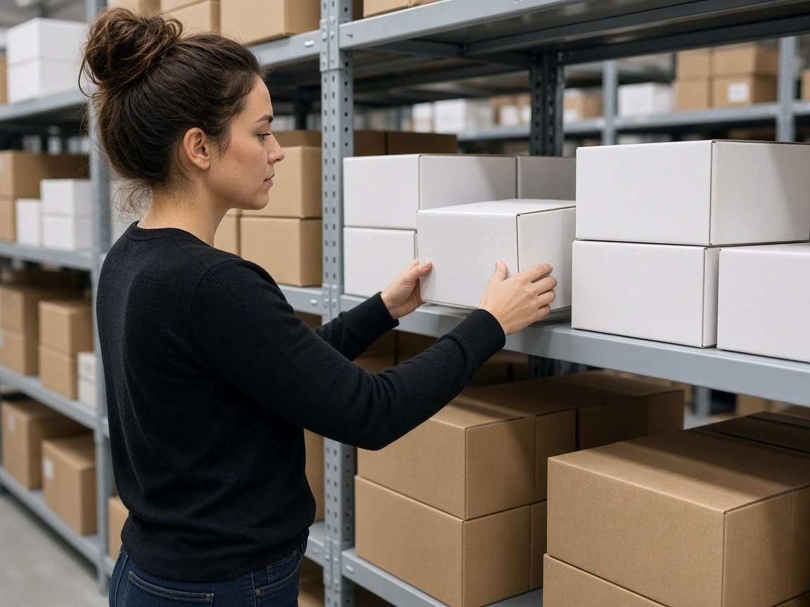 Person checking plain product boxes on a stock-room shelf