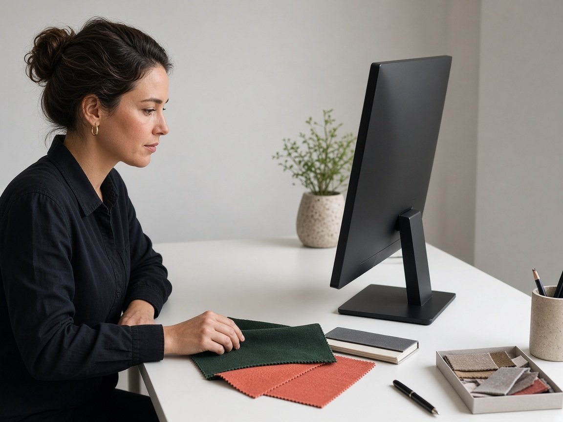 Designer reviewing fabric swatches beside a turned-away monitor