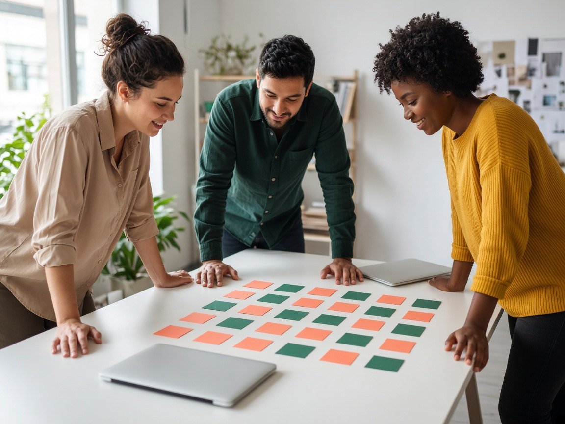 Team planning a social content grid with colored cards