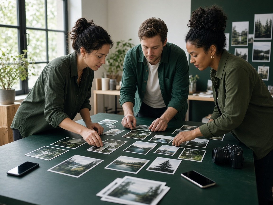 Creative team arranging printed photos on a studio table