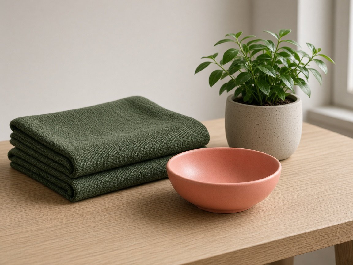 Curated table with green textile, a coral bowl, and a plant