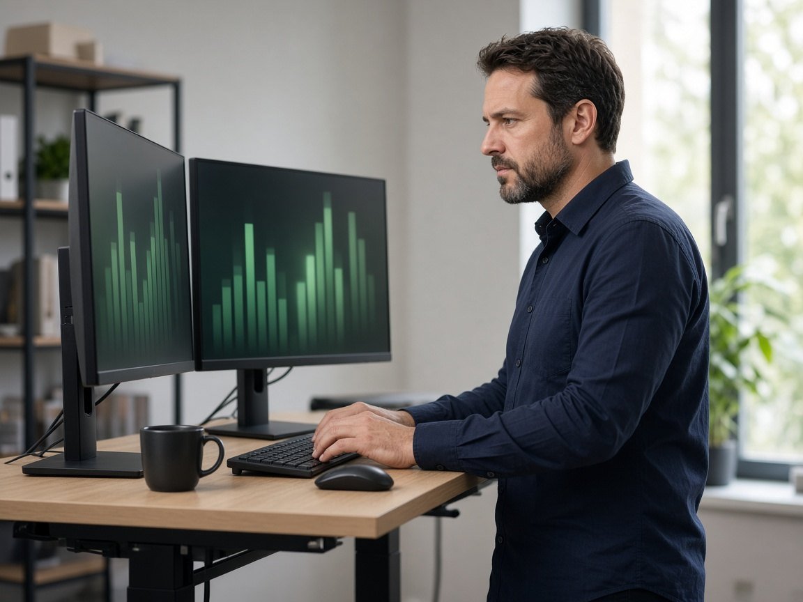 Specialist at a standing desk with two monitors of status bars
