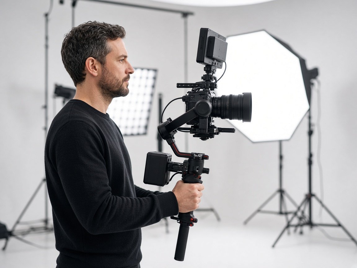 Cinematographer operating a cinema camera in a studio