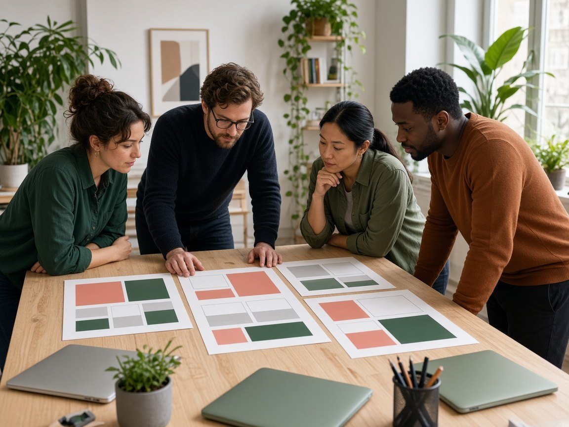 Design team reviewing printed website layouts