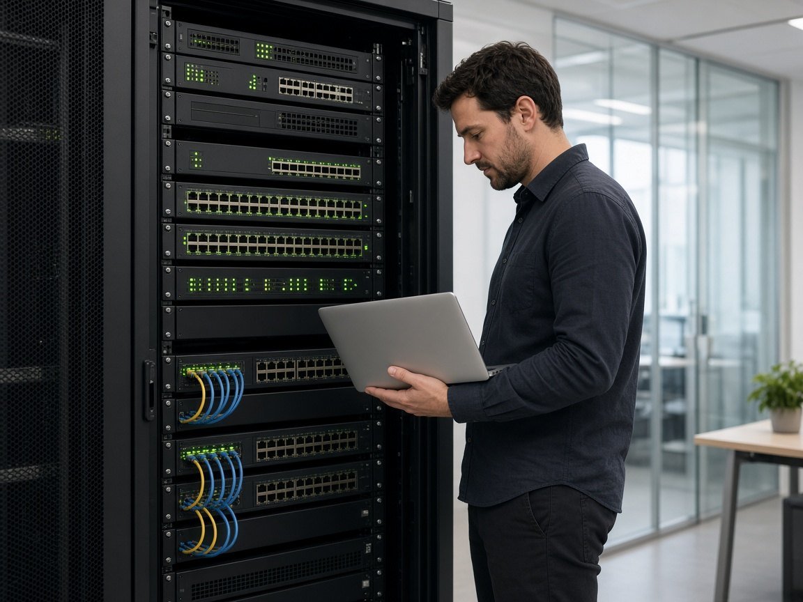 Engineer beside a server cabinet with a laptop