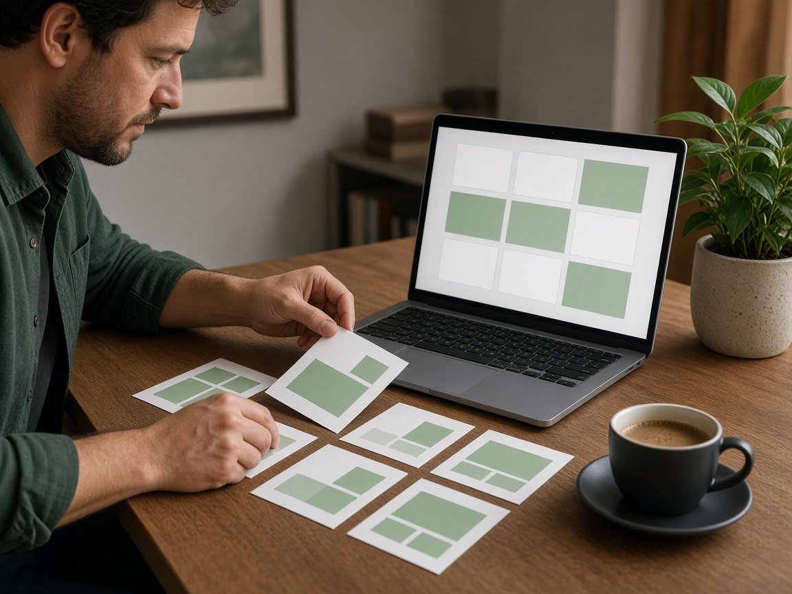 Editor arranging modular content blocks beside a laptop